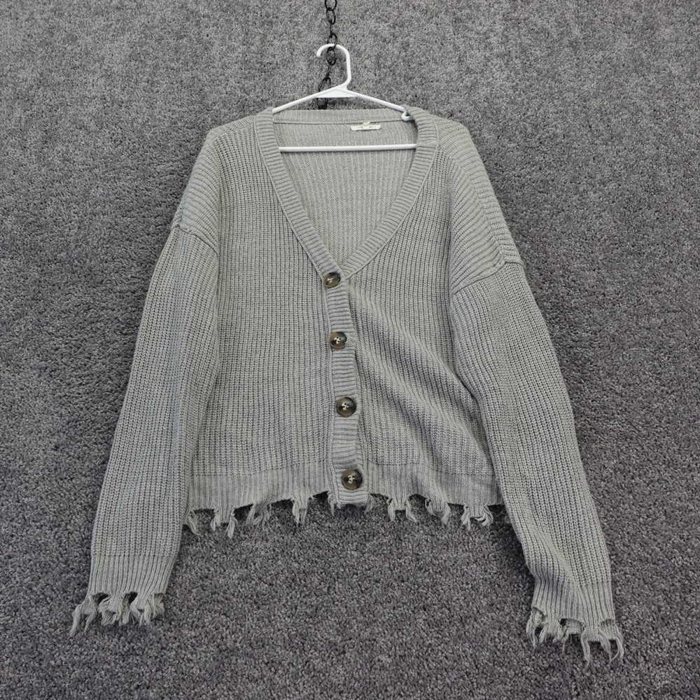Maurices Cardigan Womens Extra Large Gray Distressed Hem Ribbed Knit V Neck XL
